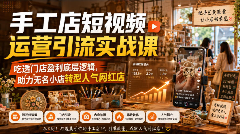 手工店短视频运营引流实战课，吃透门店盈利底层逻辑，助力无名小店转型人气网红店-轻创星球网
