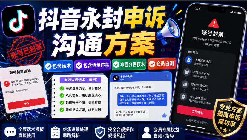 抖音永封申诉沟通方案，包含话术，包含继承违禁，非百分百技术，会员自测-轻创星球网