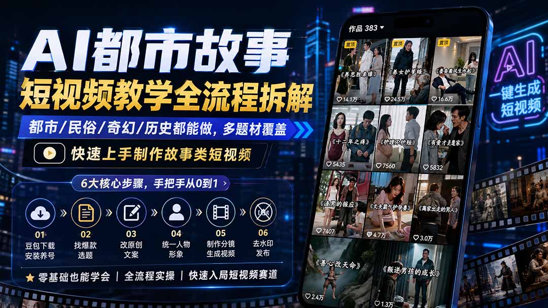 AI都市故事短视频教学全流程拆解；都市/民俗/奇幻/历史都能做多题材覆盖，快速上手制作故事类短视频-轻创星球网