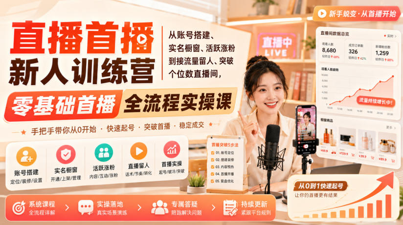 直播首播新人训练营｜从账号搭建、实名橱窗、活跃涨粉到接流量留人、突破个位数直播间，零基础首播全流程实操课-轻创星球网