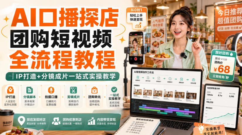 AI口播探店团购短视频全流程教程｜IP打造+分镜成片一站式实操教学-轻创星球网