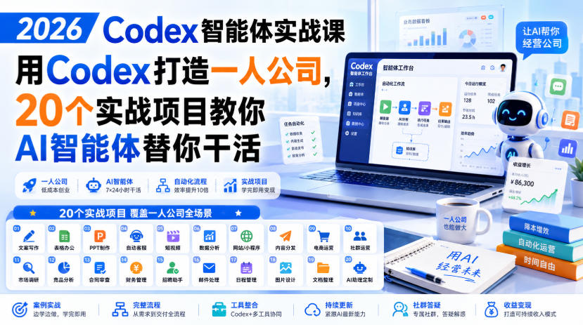 2026 Codex智能体实战课，用Codex打造一人公司，20个实战项目教你AI智能体替你干活-轻创星球网