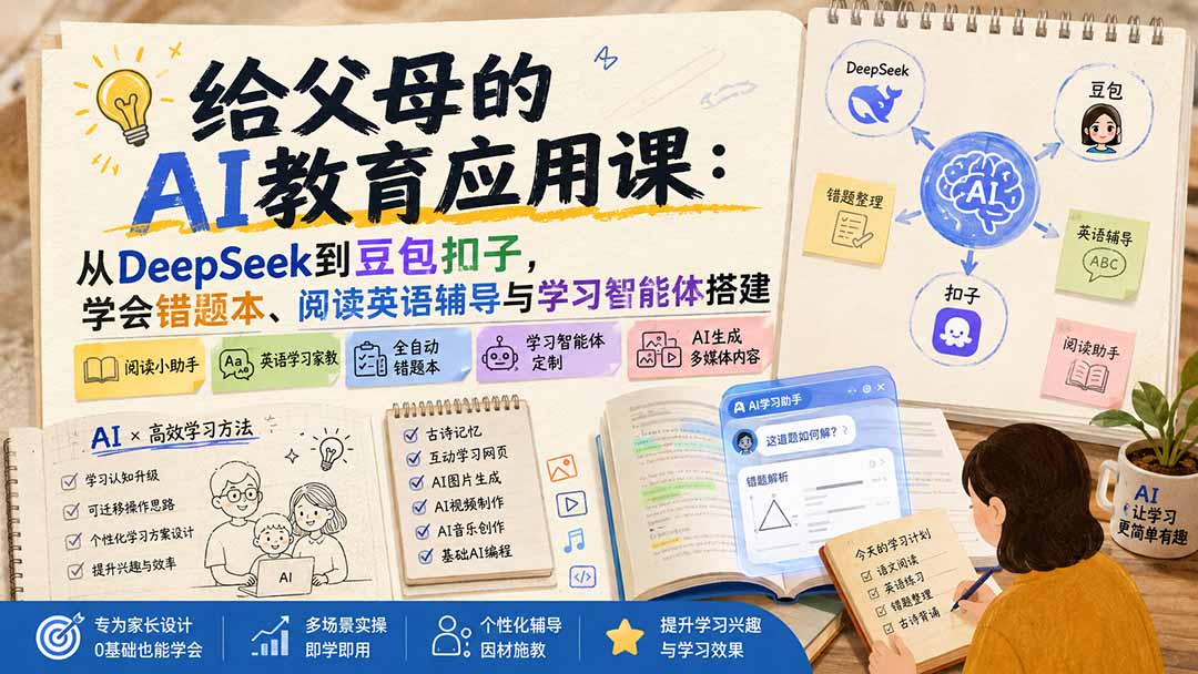 给父母的AI教育应用课：从DeepSeek到豆包扣子，学会错题本、阅读英语辅导与学习智能体搭建-轻创星球网