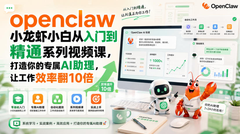 openclaw小龙虾小白从入门到精通系列视频课，打造你的专属AI助理，让工作效率翻10倍-轻创星球网