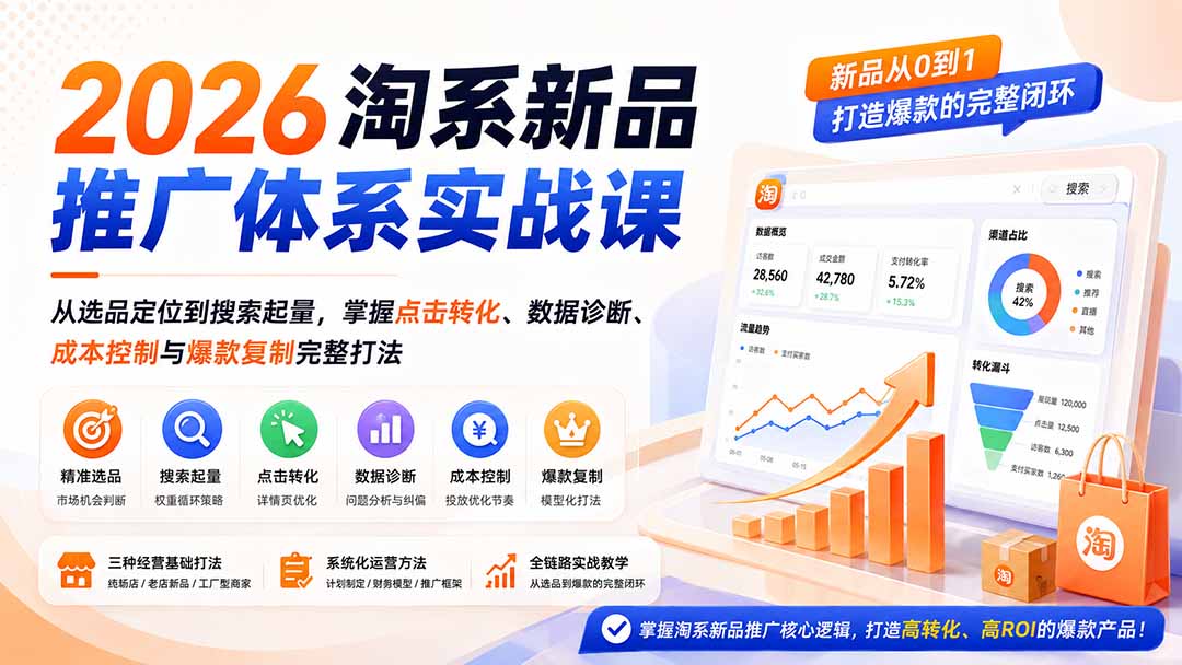 2026淘系新品推广体系实战课：从选品定位到搜索起量，掌握点击转化、数据诊断、成本控制与爆款复制完整打法-轻创星球网