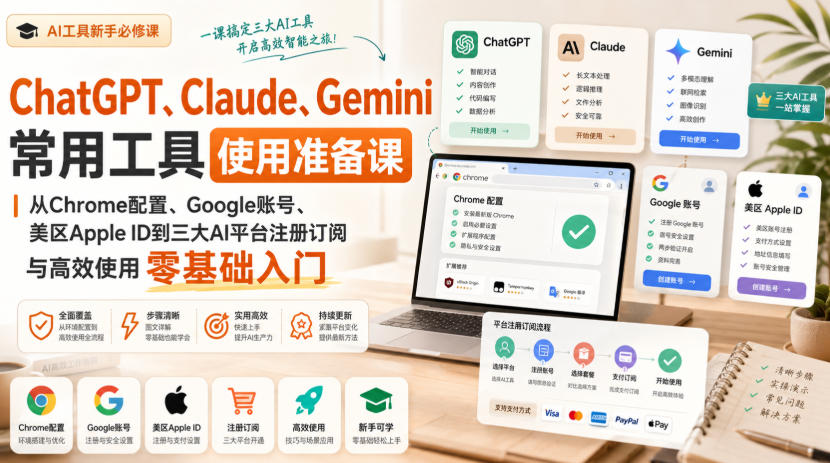 ChatGPT、Claude、Gemini常用工具使用准备课｜从Chrome配置、Google账号、美区Apple ID到三大AI平台注册订阅与高效使用零基础入门-轻创星球网