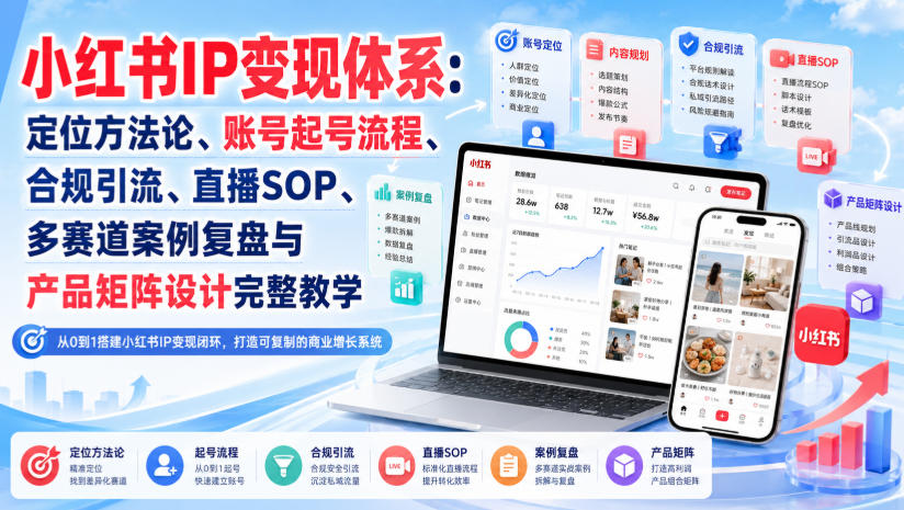 小红书IP变现体系：定位方法论、账号起号流程、合规引流、直播SOP、多赛道案例复盘与产品矩阵设计完整教学-轻创星球网