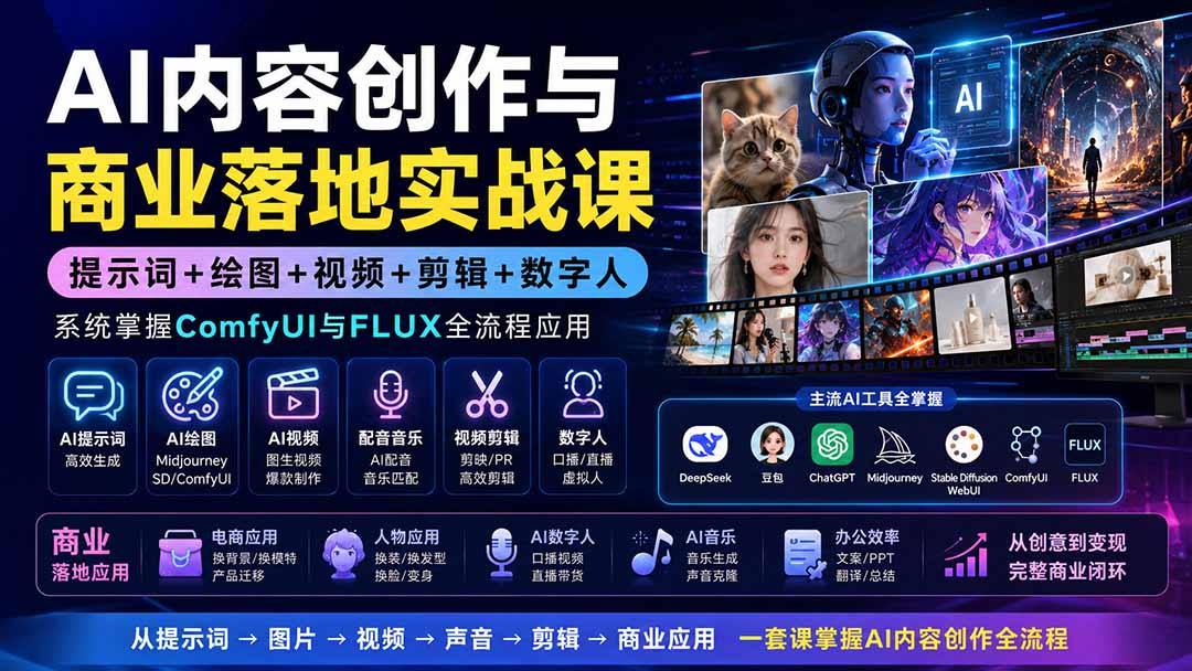 AI内容创作与商业落地实战课：提示词+绘图+视频+剪辑+数字人，系统掌握ComfyUI与FLUX全流程应用-轻创星球网