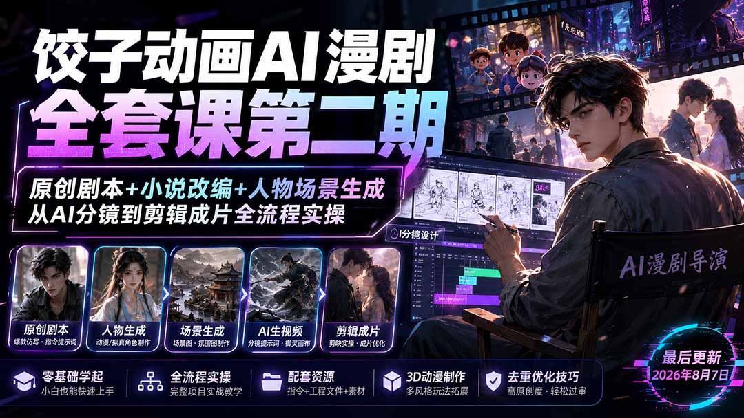 饺子动画AI漫剧全套课第二期：原创剧本+小说改编+人物场景生成，从AI分镜到剪辑成片全流程实操-轻创星球网