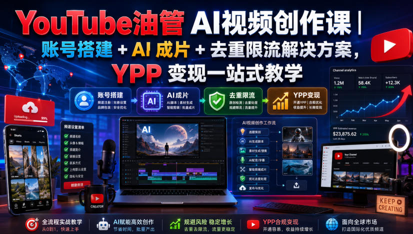 YouTube油管AI视频创作课｜账号搭建+AI成片+去重限流解决方案，YPP变现一站式教学(更新0817)-轻创星球网