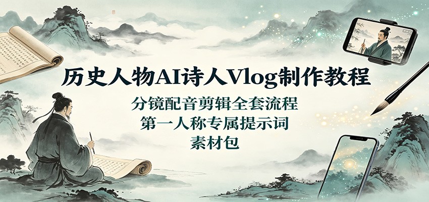 历史人物AI诗人Vlog制作教程：分镜配音剪辑全套流程，第一人称专属提示词素材包-轻创星球网