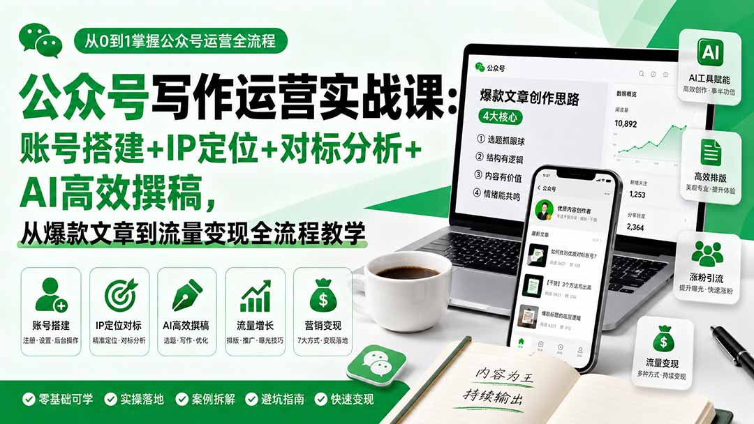 公众号写作运营实战课：账号搭建+IP定位+对标分析+AI高效撰稿，从爆款文章到流量变现全流程教学-轻创星球网