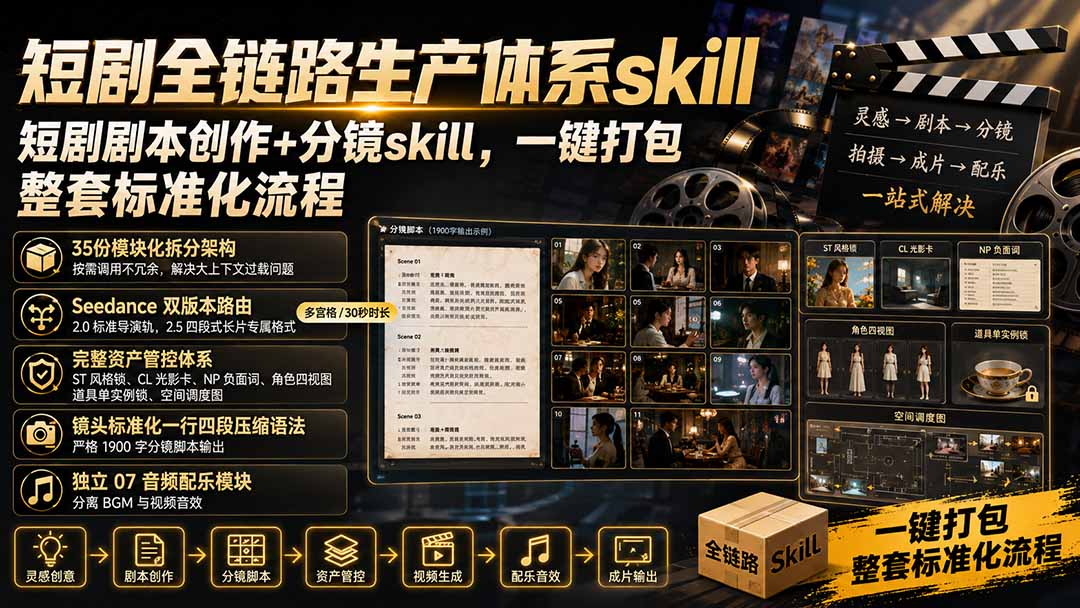 短剧全链路生产体系skill，短剧剧本创作+分镜skill，一键打包，整套标准化流程-轻创星球网