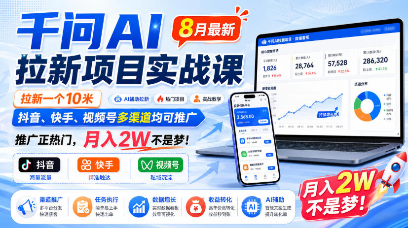 千问AI拉新项目实战课8月最新，拉新一个10米，抖音、快手、视频号多渠道均可推广，推广正热门，月入2W不是梦!-轻创星球网