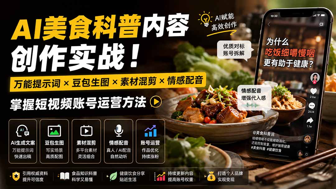 外面卖199元-AI美食科普内容创作实战！万能提示词×豆包生图×素材混剪×情感配音，掌握短视频账号运营方法-轻创星球网