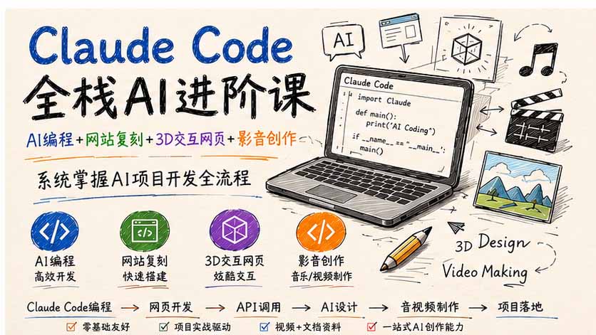 Claude Code全栈AI进阶课；AI编程+网站复刻+3D交互网页+影音创作，系统掌握AI项目开发全流程-轻创星球网