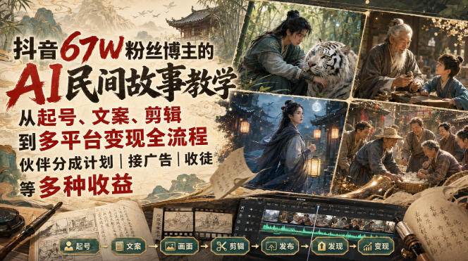 抖音67W粉丝博主的AI民间故事教学，从起号、文案、剪辑到多平台变现全流程，伙伴分成计划接广告等多种收益，月入1W+-轻创星球网