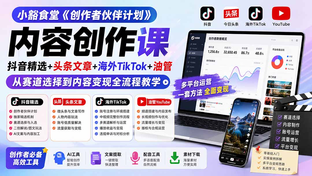 小豁食堂《创作者伙伴计划》内容创作课：抖音精选+头条文章+海外TikTok+油管，从赛道选择到内容变现全流程教学-轻创星球网