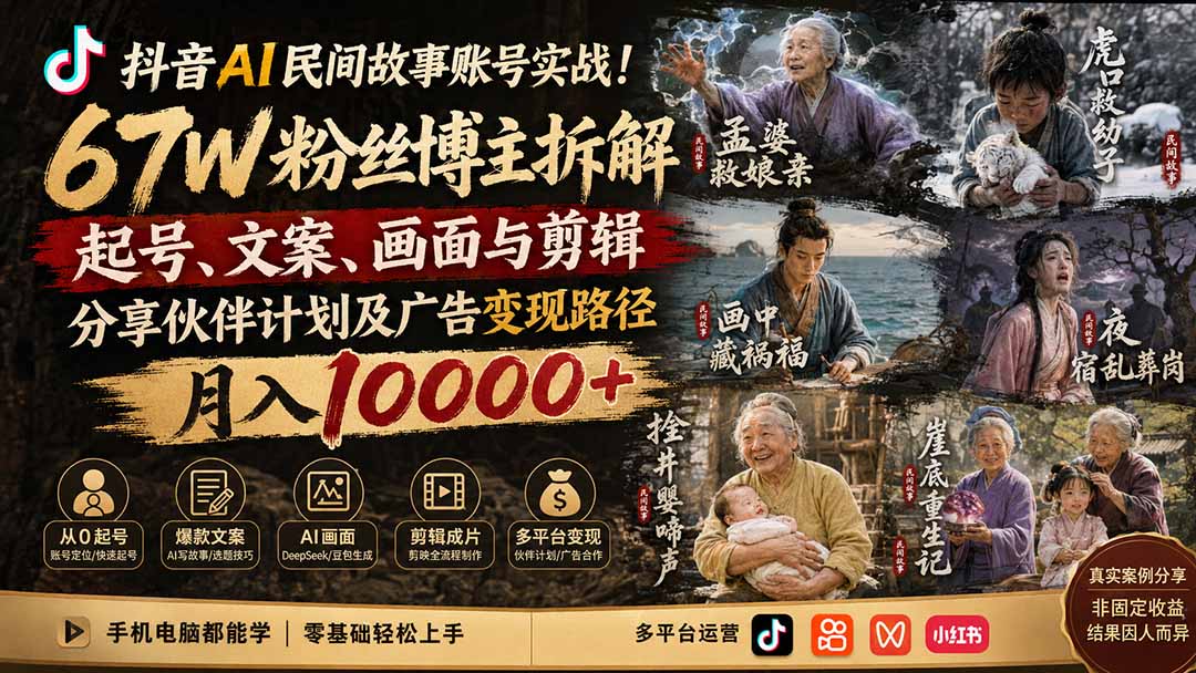 抖音AI民间故事账号实战！67W粉丝博主拆解起号、文案、画面与剪辑，分享伙伴计划及广告变现路径，月入10000+-轻创星球网