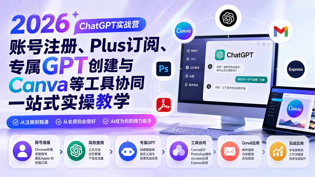 2026 ChatGPT实战营；账号注册、Plus订阅、专属GPT创建与Canva等工具协同一站式实操教学-轻创星球网