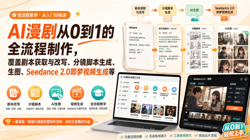 AI漫剧从0到1的全流程制作，覆盖剧本获取与改写、分镜脚本生成、角色场景生图与三视图、Seedance 2.0即梦视频生成(PDF版)-轻创星球网