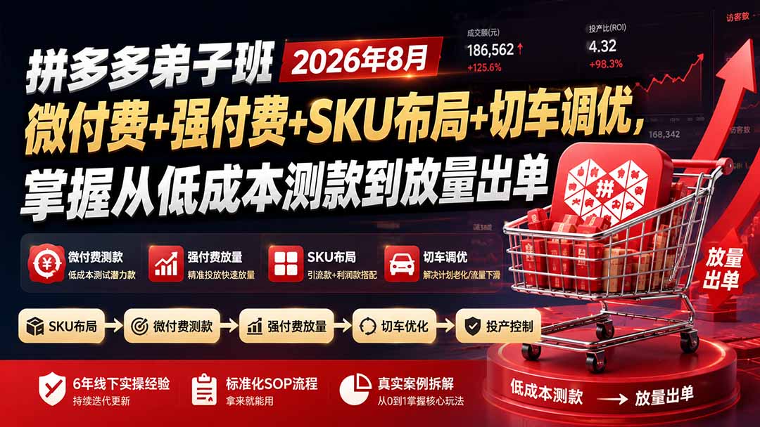 拼多多弟子班2026年8月：微付费+强付费+SKU布局+切车调优，掌握从低成本测款到放量出单-轻创星球网