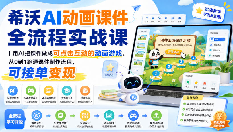 希沃AI动画课件全流程实战课｜用AI把课件做成可点击互动的动画游戏，从0到1跑通课件制作流程，可接单变现-轻创星球网