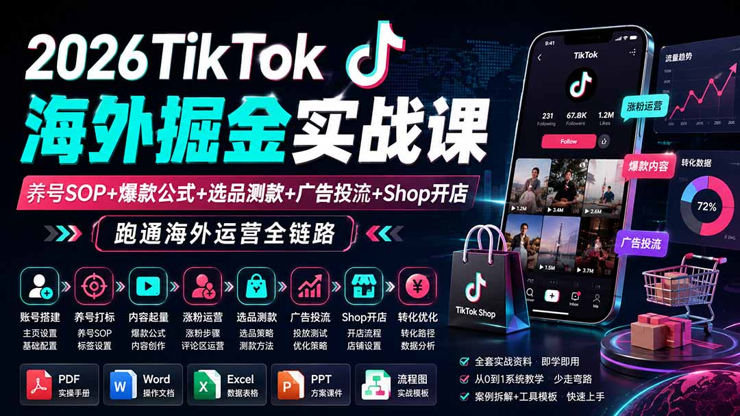 2026TikTok海外掘金实战课——养号SOP+爆款公式+选品测款+广告投流+Shop开店，跑通海外运营全链路-轻创星球网