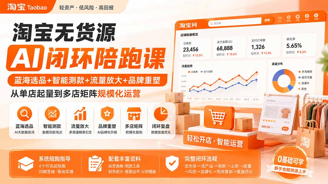 淘宝无货源AI闭环陪跑课：蓝海选品+智能测款+流量放大+品牌重塑，从单店起量到多店矩阵规模化运营-轻创星球网