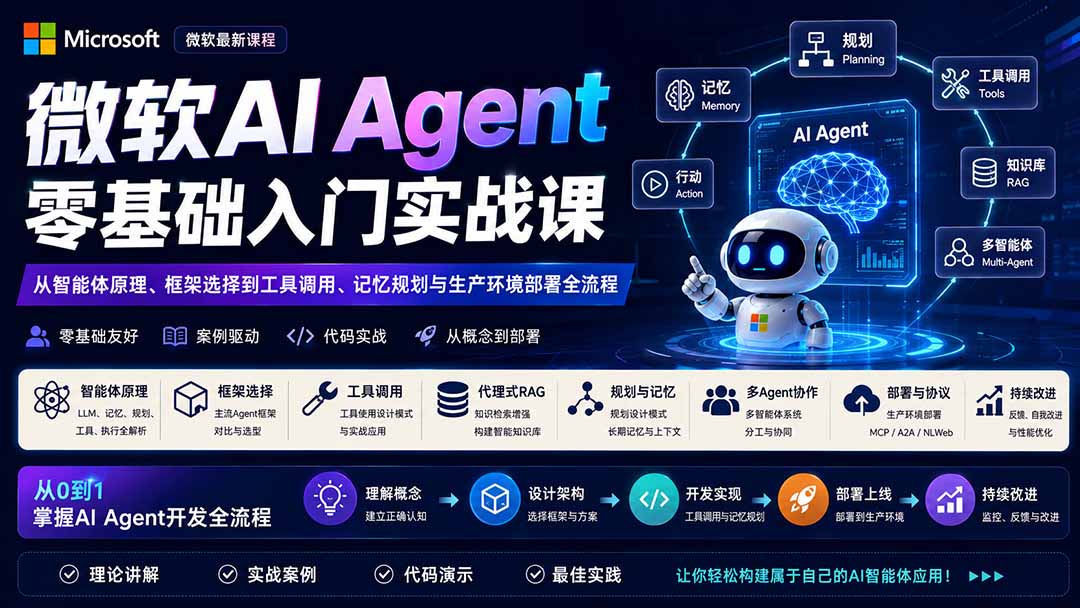 微软AI Agent零基础入门实战课：从智能体原理、框架选择到工具调用、记忆规划与生产环境部署全流程-轻创星球网