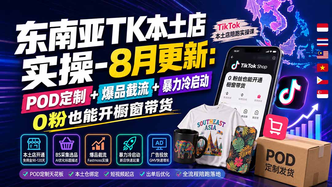 东南亚TK本土店实操-8月更新：POD定制+爆品截流+暴力冷启动，0粉也能开橱窗带货-轻创星球网