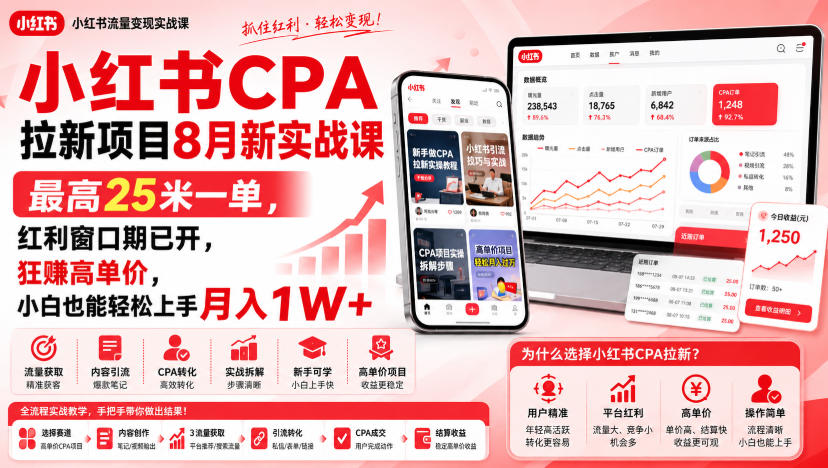 小红书CPA拉新项目8月新实战课，最高25米一单，红利窗口期已开，狂賺高单价，小白也能轻松上手月入1W+-轻创星球网