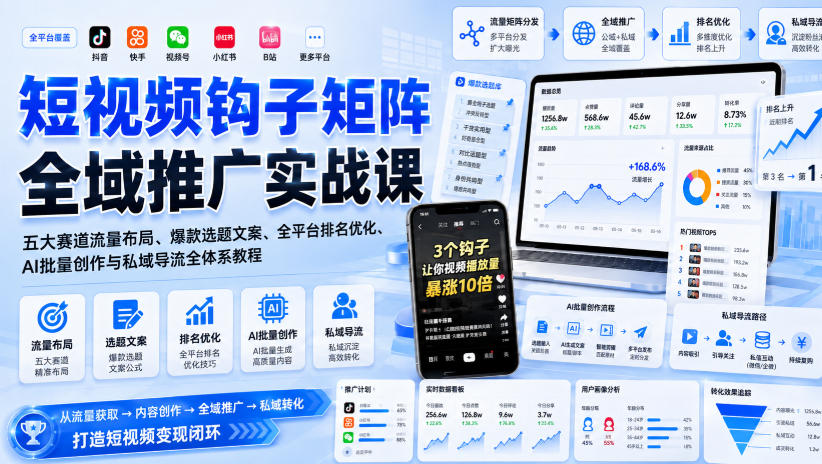 短视频钩子矩阵全域推广实战课｜五大赛道流量布局、爆款选题文案、全平台排名优化、AI批量创作与私域导流全体系教程-轻创星球网
