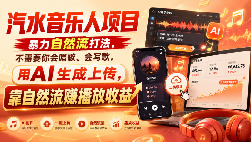 汽水音乐人项目，暴力自然流打法，不需要你会唱歌、会写歌，用AI生成上传，靠自然流賺播放收益-轻创星球网