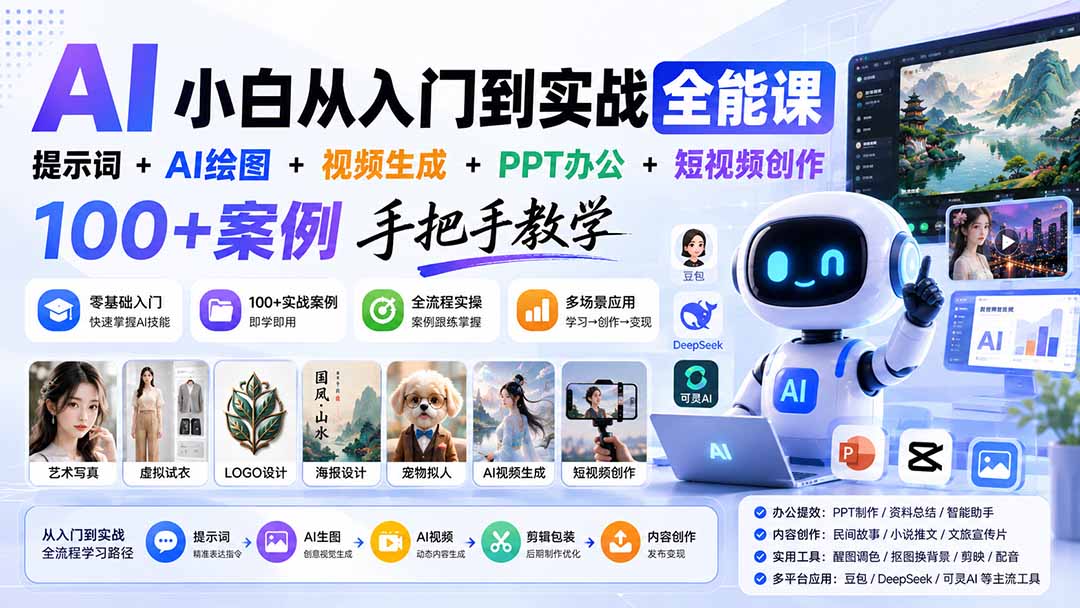 AI小白从入门到实战全能课：提示词+AI绘图+视频生成+PPT办公+短视频创作，100+案例手把手教学-轻创星球网