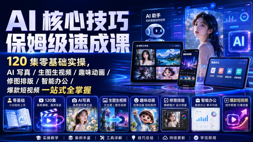 AI核心技巧保姆级速成课｜120集零基础实操，AI写真/生图生视频/趣味动画/修图排版/智能办公/爆款短视频一站式全掌握(更新)-轻创星球网