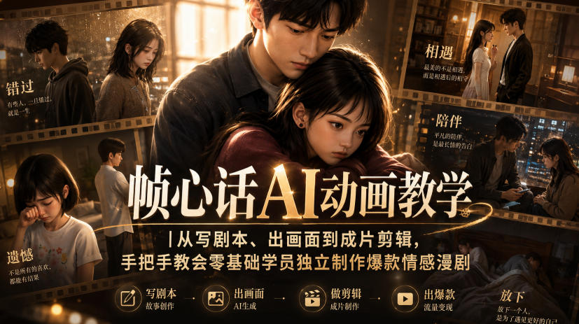 帧心话AI动画教学｜从写剧本、出画面到成片剪辑，手把手教会零基础学员独立制作爆款情感漫剧-轻创星球网
