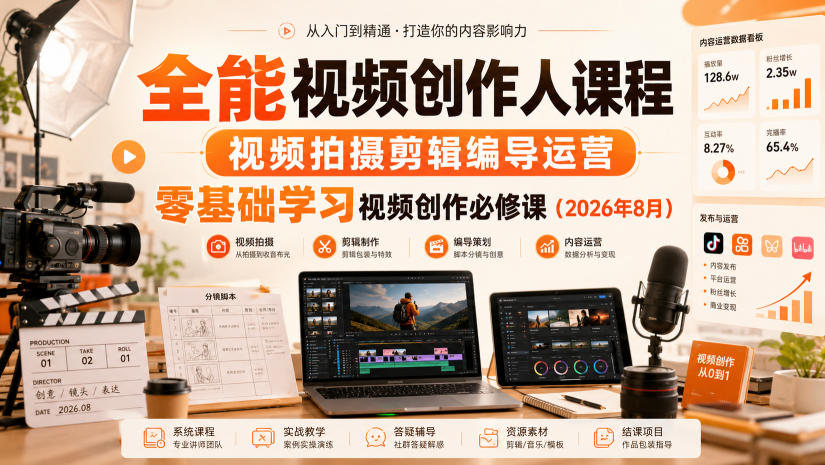 全能视频创作人课程，视频拍摄剪辑编导运营，零基础学习视频创作必修课(2026年8月)-轻创星球网