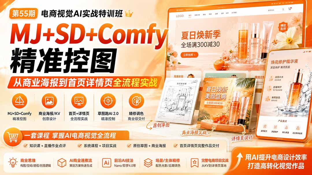 电商视觉 AI实战训练营第55期：MJ+SD+Comfy精准控图，从商业海报到首页详情页全流程实战-轻创星球网