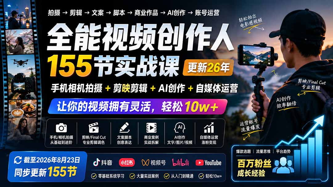 全能视频创作人155节实战课-更新26年8月：手机相机拍摄+剪映剪辑+AI创作+自媒体运营，让你的视频拥有灵活，轻松10w-轻创星球网