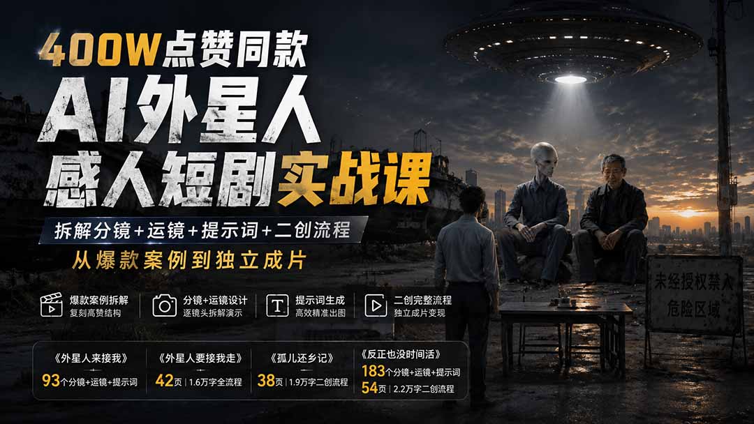 400W点赞同款AI外星人感人短剧实战课：拆解分镜+运镜+提示词+二创流程，从爆款案例到独立成片-轻创星球网