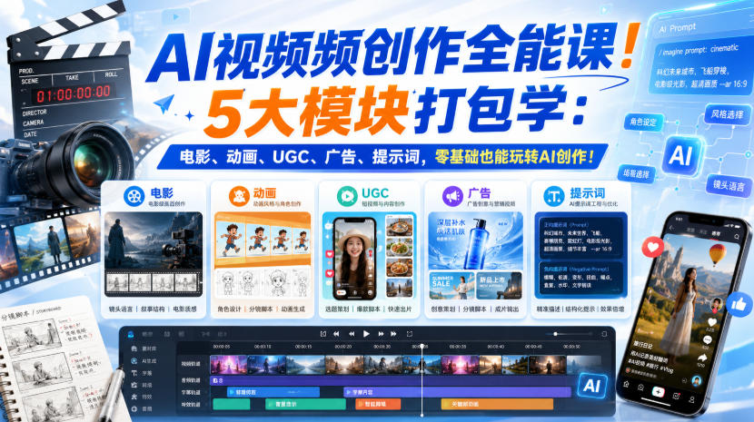AI视频频创作全能课！5大模块打包学：电影、动画、UGC、广告、提示词，零基础也能玩转AI创作！【原创双语字幕】-轻创星球网