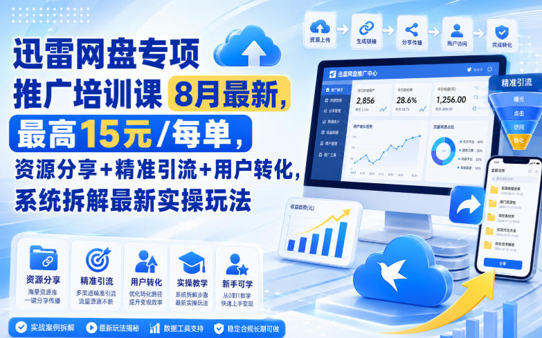 迅雷网盘专项推广培训课8月最新，最高15米/每单，资源分享+精准引流+用户转化，系统拆解最新实操玩法(更新0824)-轻创星球网