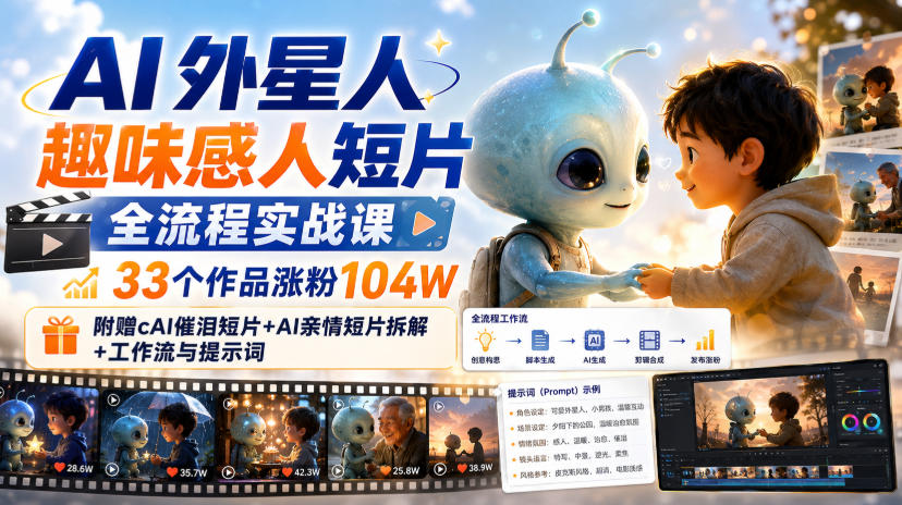 AI外星人趣味感人短片全流程实战课，33个作品涨粉104W，附赠AI催泪短片+AI亲情短片拆解+工作流与提示词-轻创星球网