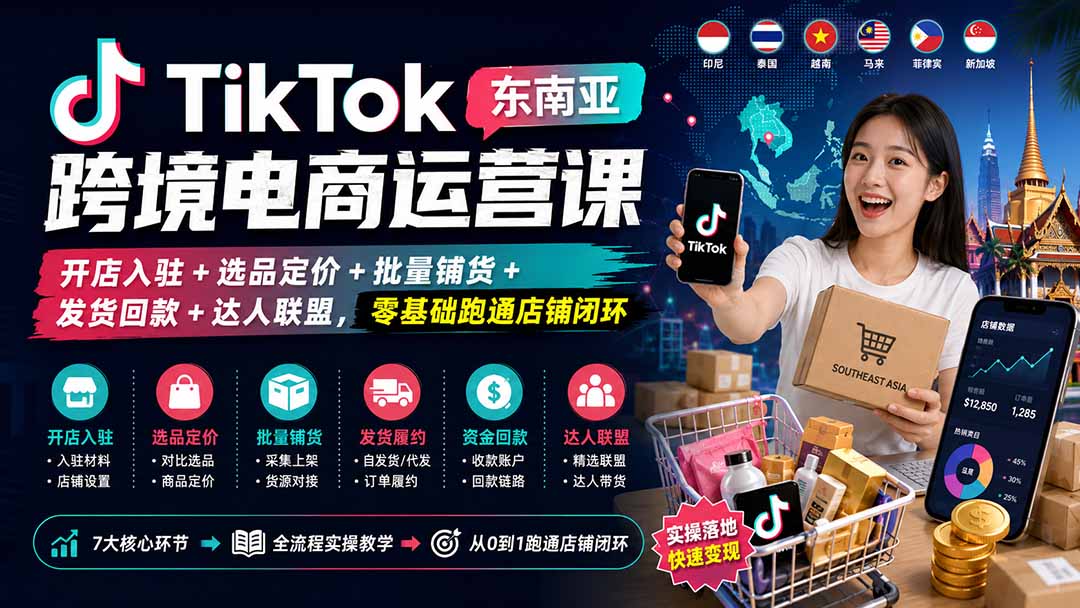 TikTok东南亚跨境电商运营课：开店入驻+选品定价+批量铺货+发货回款+达人联盟，零基础跑通店铺闭环-轻创星球网