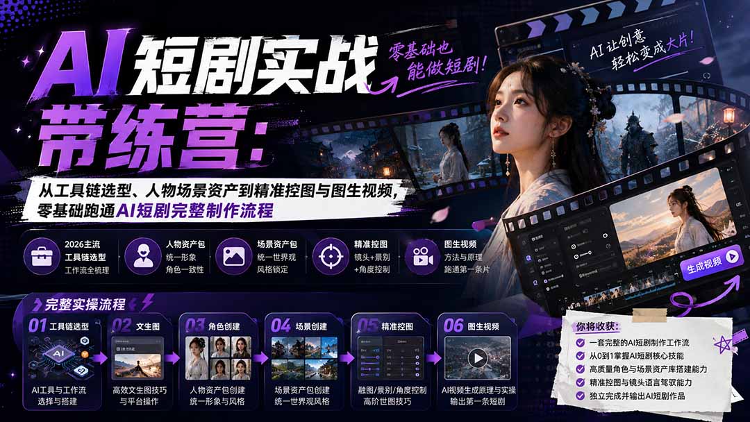 AI短剧实战训练营：从工具链选型、人物场景资产到精准控图与图生视频，零基础跑通AI短剧完整制作流程-轻创星球网