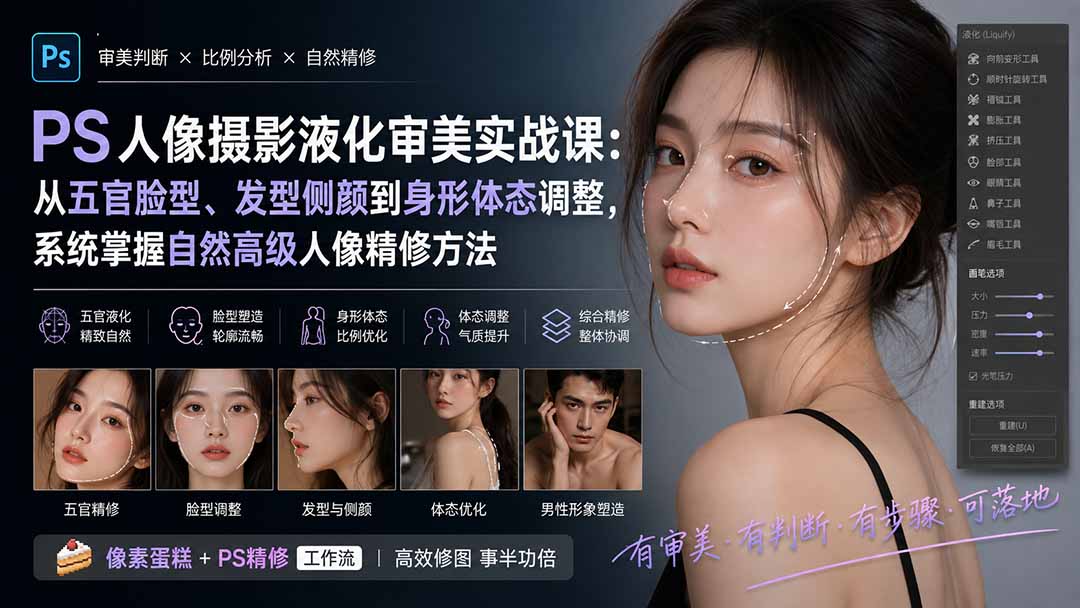 PS人像摄影液化审美实战课：从五官脸型、发型侧颜到身形体态调整，系统掌握自然高级人像精修方法-轻创星球网