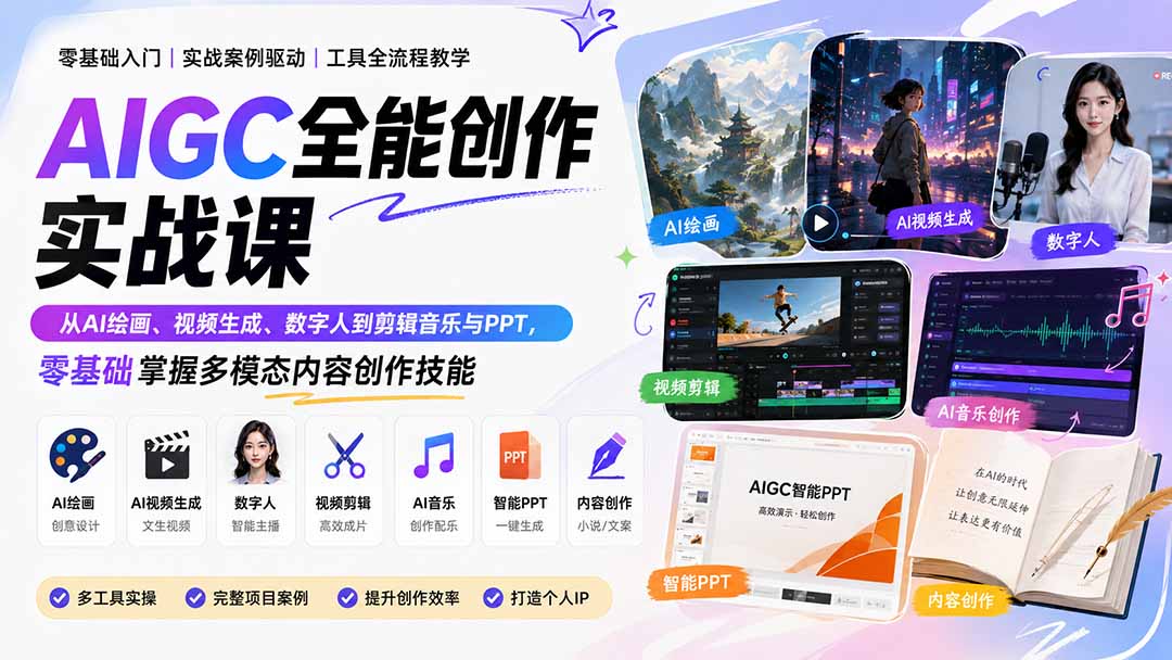 AIGC全能创作实战课：从AI绘画、视频生成、数字人到剪辑音乐与PPT，零基础掌握多模态内容创作技能-轻创星球网