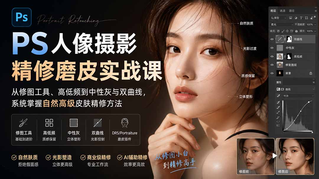 PS人像摄影精修磨皮实战课：从修图工具、高低频到中性灰与双曲线，系统掌握自然高级皮肤精修方法-轻创星球网