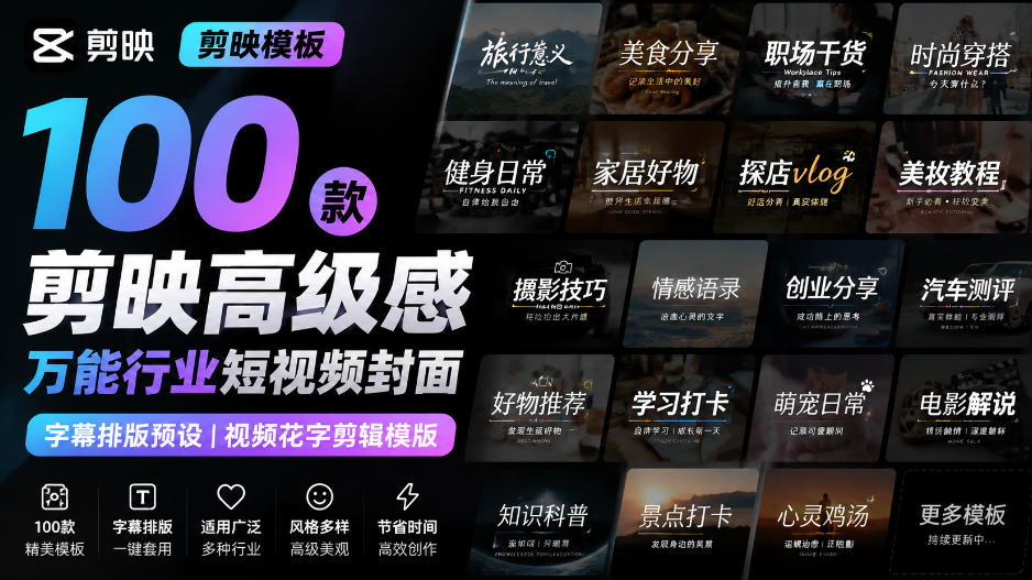 【剪映模板】100款剪映高级感万能行业短视频封面字幕排版预设视频花字剪辑模版-轻创星球网